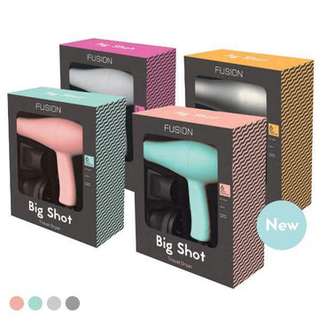 Fusion  Big Shot Travel Hair Dryer group shot including teal pink silver and grey